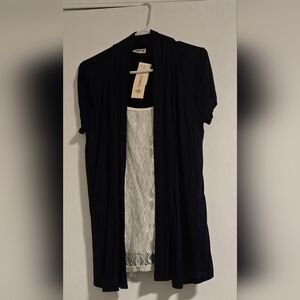 Navy Short Sleeve Cardigan with White Lace Top (Attached)